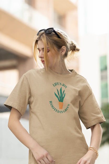 Life's Joy Rooted in Green Women Oversized T-Shirt Beige